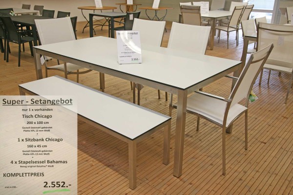 Super-Setangebot: Tisch CHICAGO 200 cm + 4 x Stapelsessel BAHAMAS + Sitzbank CHICAGO