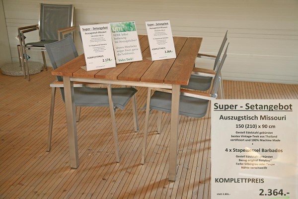 Super-Setangebot: Auszugstisch MISSOURI 150 (210) x 90 cm + 4 x Stapelsessel BARBADOS