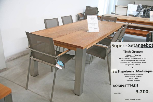 Super-Setangebot: Tisch OREGON 220 x 100 cm + 6 x Stapelsessel MARTINIQUE