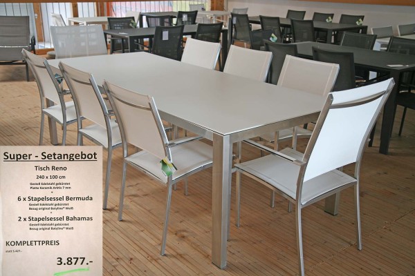 Super-Setangebot: Tisch RENO 240 cm + 8 x Stapelsessel