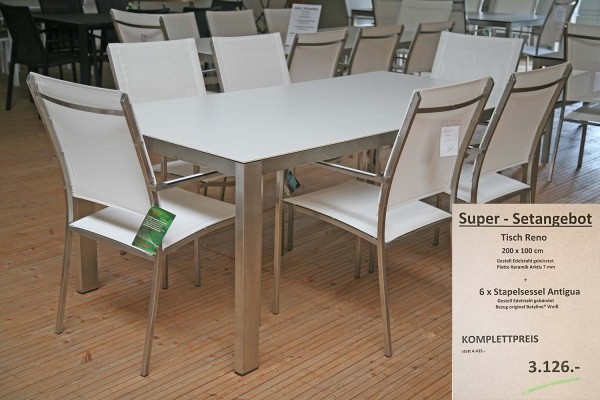 Super-Setangebot: Tisch RENO 200 cm + 6 x Stapelsessel ANTIGUA