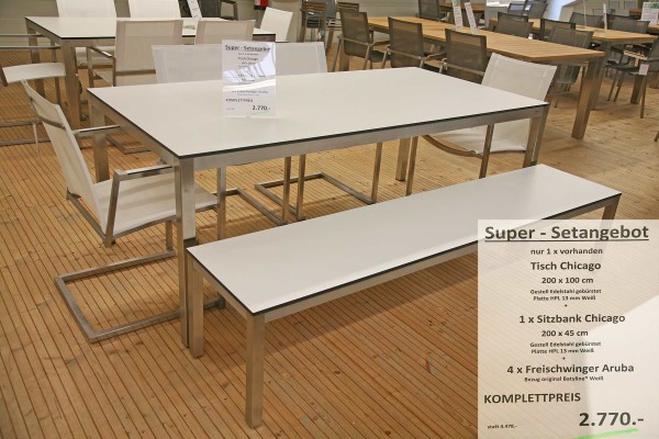 Super-Setangebot: Tisch CHICAGO 200 cm + 4 x Freischwinger ARUBA + Sitzbank CHICAGO