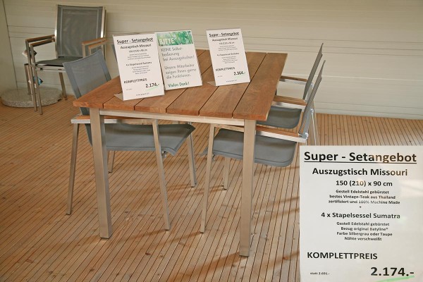 Super-Setangebot: Auszugstisch MISSOURI 150 (210) x 90 cm + 4 x Stapelsessel SUMATRA