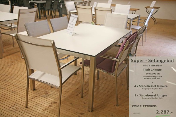 Super-Setangebot: Tisch CHICAGO 160 cm + 4 x Stapelsessel JAMAICA + 2 x Stapelsessel ANTIGUA